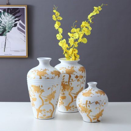 Chinese New Style Retro Golden Flower Painting Ceramic Vase Set For Home Decoration