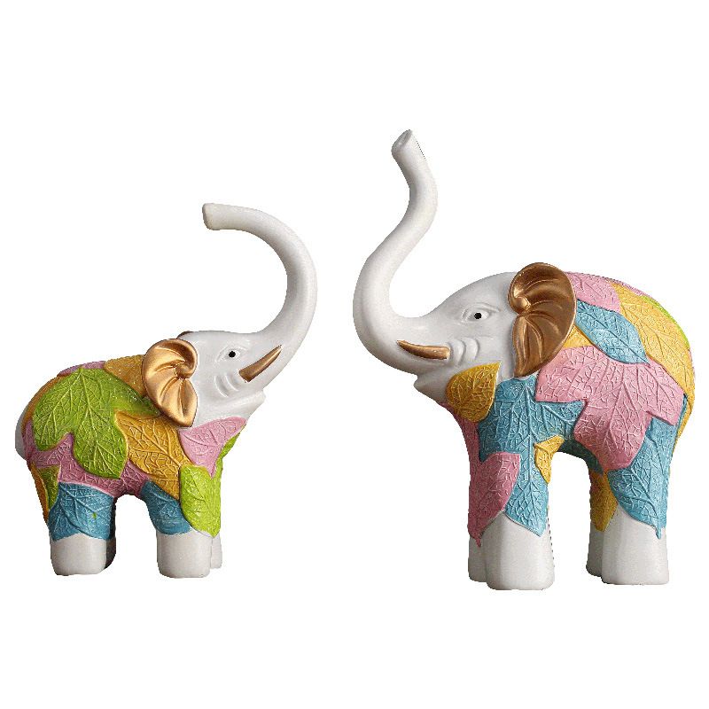 Creative Style Home Furnishing Colorful Resin Elephant Table Decoration Mother And Baby Animal Wearing Leafs Pattern Craft Ornaments For Home Decor