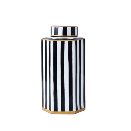 European Simple Style Black Column Pattern Ceramic Flower Vases Set With Lid For Home Decoration
