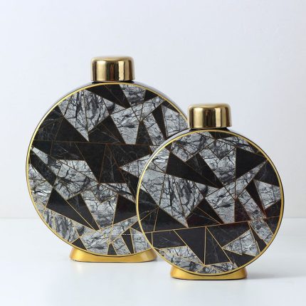 European Simple Style Black Splicing Color Stone Ceramic Storage Vases With Modern Metallic Lid Decoration In Living room