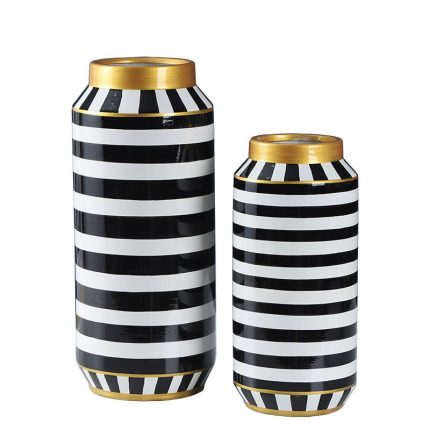 European Simple Style Black-white Bar Cylinder Ceramic Flower Vase Table Decoration With Round Lid For Living Room