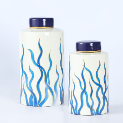 European Simple Style Blue Water Grass Painting Ceramic Vases With Lid For Home Decoration