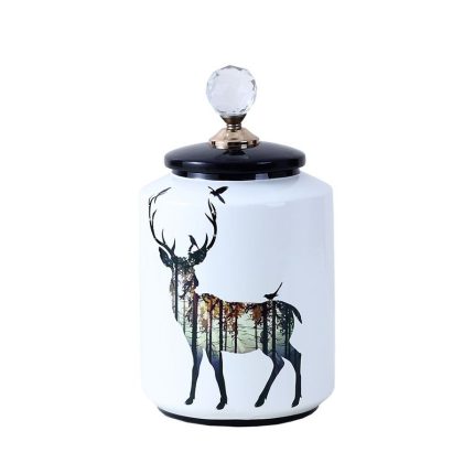 European Simple Style New Cylinder Deer Painting Ceramic Flower vase Tableware Decoration With Crystal Lid For Home 