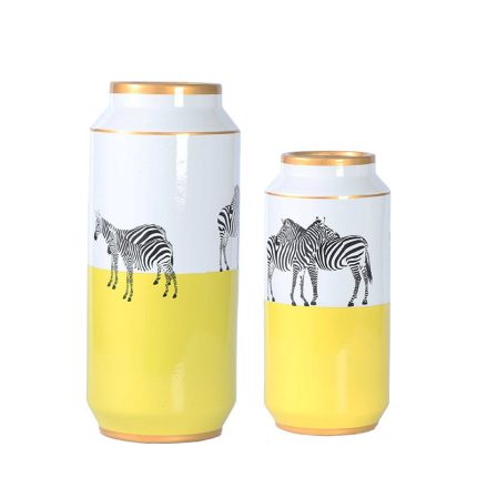 European Simple Style Zebra Painting Cylinder Yellow Ceramic Storage Vases Flower Decoration With Round Lid For Living Room