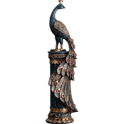 New Chinese Style Blue Peacock Resin Craft Double Animal With Red Acrylic Beads Table Ornaments For Home Decor