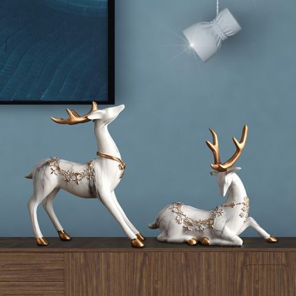 Nordic Style Creative Resin Black Deer Sets With Cones Table Decoration White Couple Deers with Marble Pattern As Furnishing Craft Ornaments  For Showroom Decor