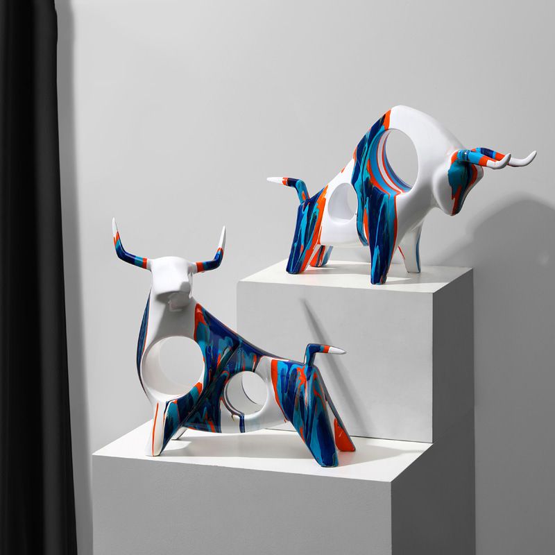 Nordic Style Creative Resin Camouflage Ox Decoration Colorful Cattle Sets As Furnishing Craft Ornaments For Showroom Decor
