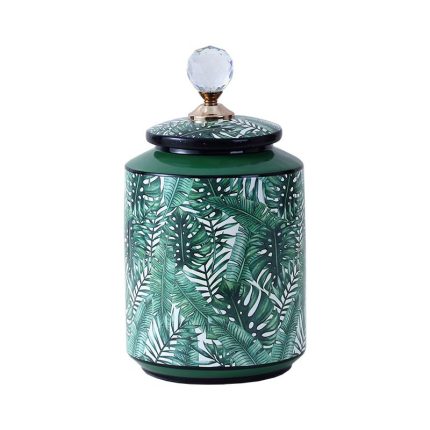 Nordic Style Dark Green Leaf Cylinder Ceramic Vases Sets Table Decoration with round Crystal lid For TV cabinet