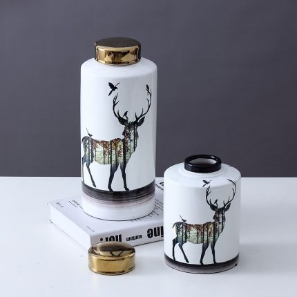 Nordic Style Deer Painting cylinder Ceramic Dried Flower Storage Vases Set For Dining Room 