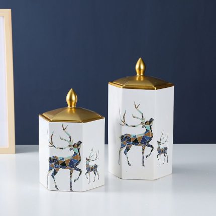 Nordic Style Entery Luxury Flower Deer Wave Painting Hexagonal Cylinder Ceramic Flower Vases As Storage Jar For Home Decoration 
