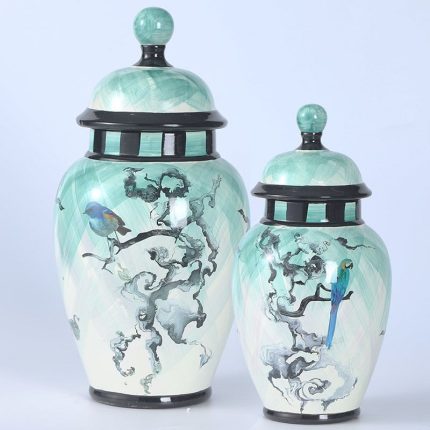 Nordic Style New Creative Tableware Green Cylinder Bird And Flower Painting Ceramic Storage Vases With Round Lid For Study