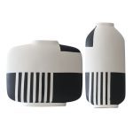 Minimalism Hand Paint White Black Stripe Grid Ceramic Flower Vase For Showroom Decor