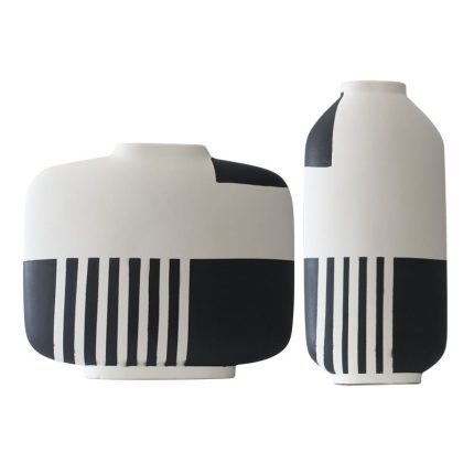 Minimalism Hand Paint White Black Stripe Grid Ceramic Flower Vase For Showroom Decor