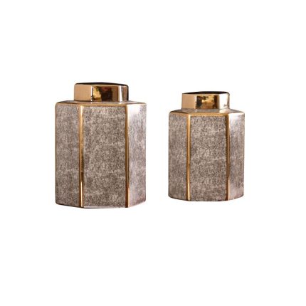 Hexagon White Porcelain Unique Black Gold Ceramic Vase For Model Room Decor