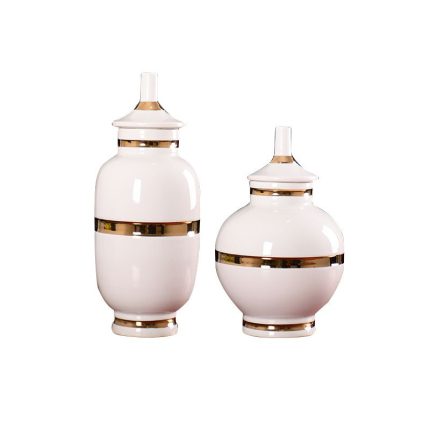 Light Luxury Simple Elegant White Gild Ceramic Flower Vase With Lid For Hotel Office Decor