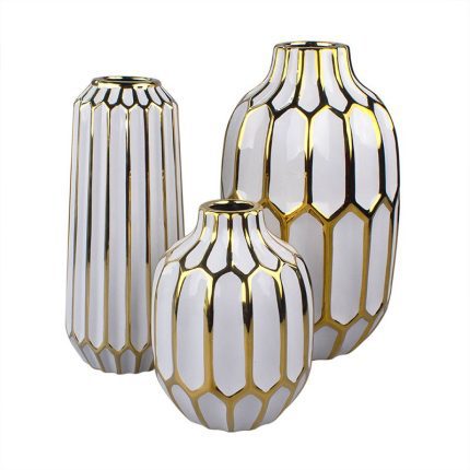 Nordic Ins Style Gild Large White Gold Chinese Jingdezhen Ceramic Flower Vase For Hotel Decor