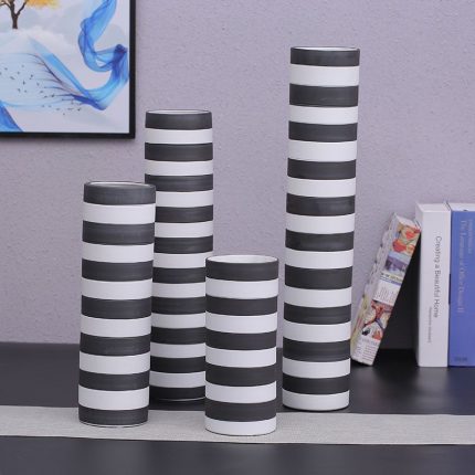 Black And White Stripe Cylinder Brush Pot Nordic Style Ceramic Vase Storage Canister Decoration
