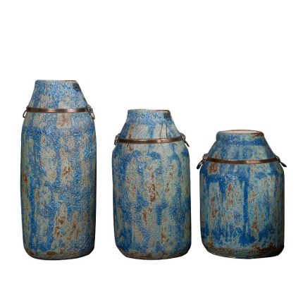 Copper Ring Retro Countryside Style Large Blue Ceramic Flower Vase For Living Room Decor