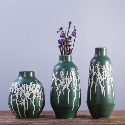 Dark Green Hand Carve Irregular Line Creative Ceramic Flower Vase Pot For Plant Decor