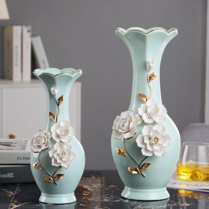 European Style Blue White Buddhism Dry Flower Ceramic Vase Silk Cloth Flower For Hallway
