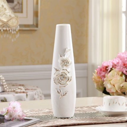 European Style Small Hole Hand Made Flower Gilded Tall Large Ceramic Vase For Showroom Office