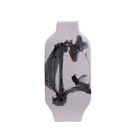 Flat White Chinese Painting Flower And Bird Jingdezhen Ceramic Vase For Home Simple Decor