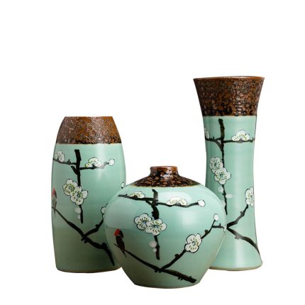 Green Chinese Style Hand Made Paint Large Three-Piece Ceramic Vase For Home Table Decor