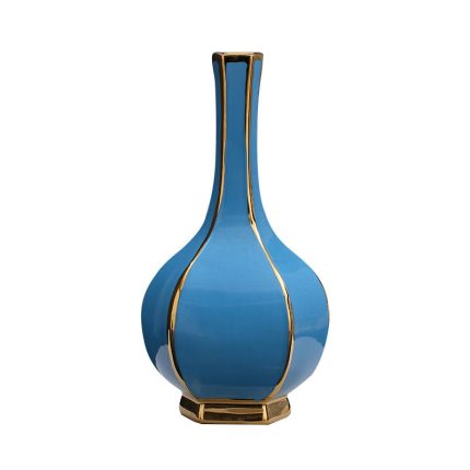 Hexagonal European Style Blue Gold Gild Jingdezhen Hand Made Ceramic Vase For Living Room