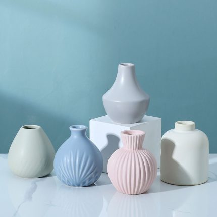Ins Modern Simple Style Stripe Small Ceramic Dry Fresh Flower Vase, Showroom Decoration Ornament