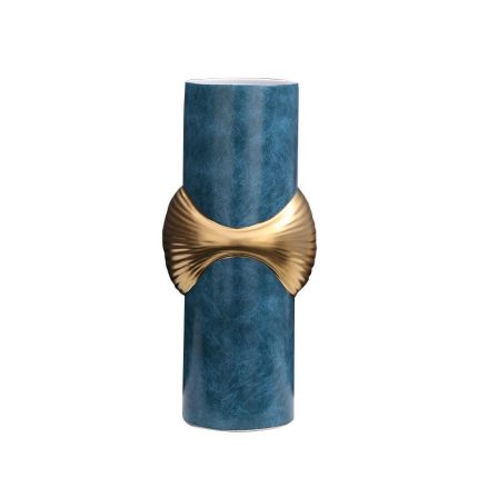 Light Luxury Blue Leather Concave Gild Ceramic Vase For Shopping Mall Hotel Decor