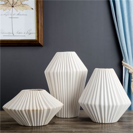 Pleated Battle Frosted White Geometry Three-Piece Ceramic Vase For Soft Decoration