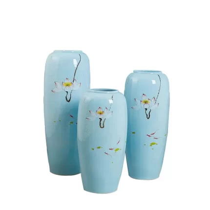 Hand Paint Countryside Style Lotus Flower Large Blue Ceramic Vase Decoration For Wedding Gift